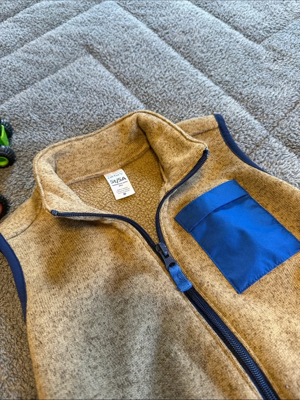 Carter's Tan Fleece Vest with Blue Trim and Pocket